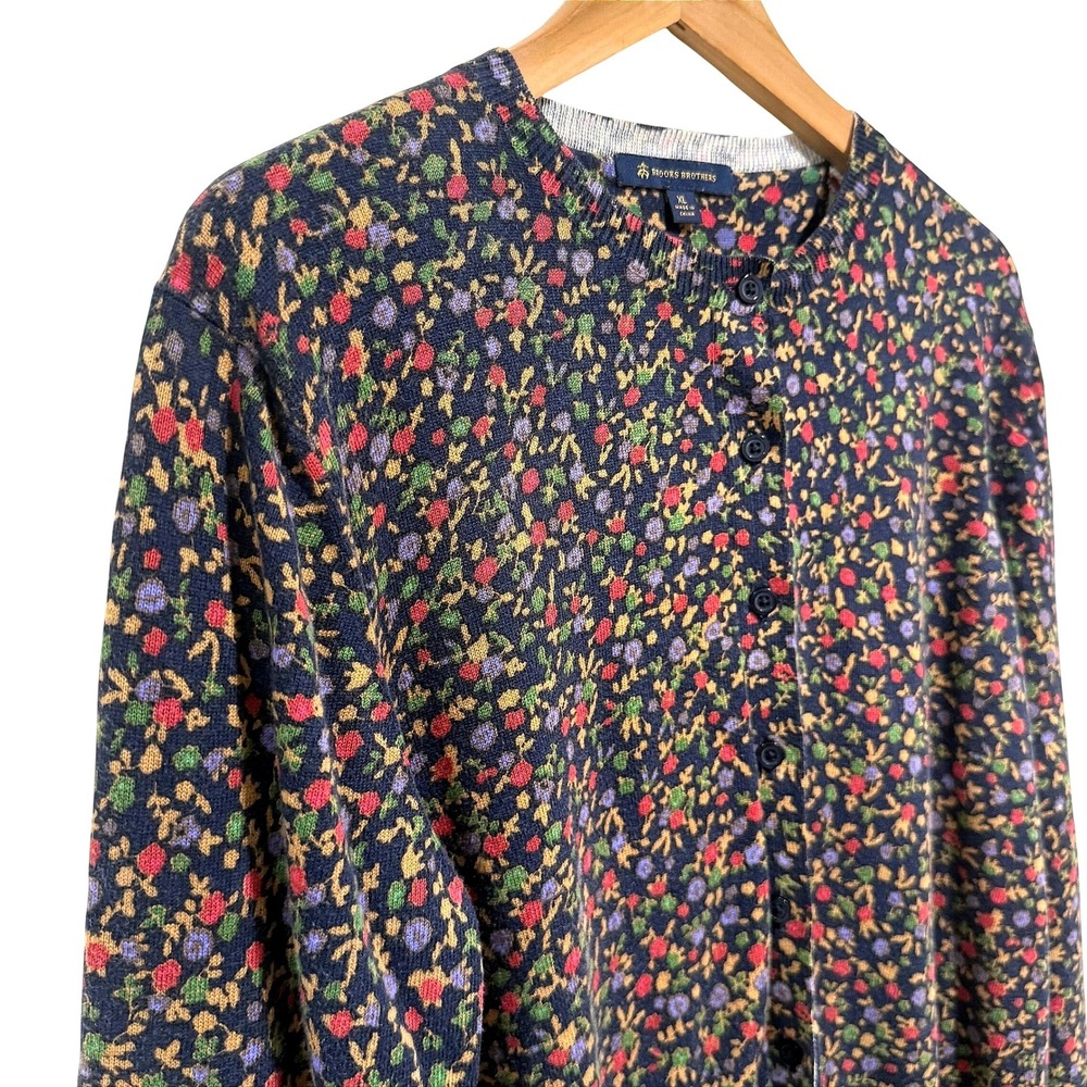 Brooks Brothers Floral Cardigan Womens XL Navy 100% Cotton Button Front Print